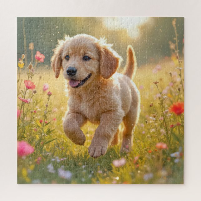 Golden Retriever Puppy Running In a Meadow Jigsaw Puzzle (Vertical)
