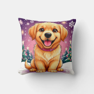 Golden Retriever Puppy Sitting In Christmas Snow Cushion