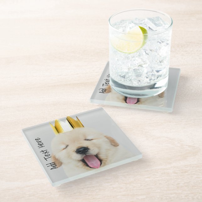 Golden Retriever Puppy Sleepy in Gold Crown Glass Coaster (Angled)