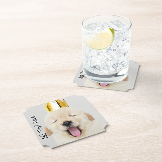 Golden Retriever Puppy Sleepy in Gold Crown Paper Coaster (Insitu)