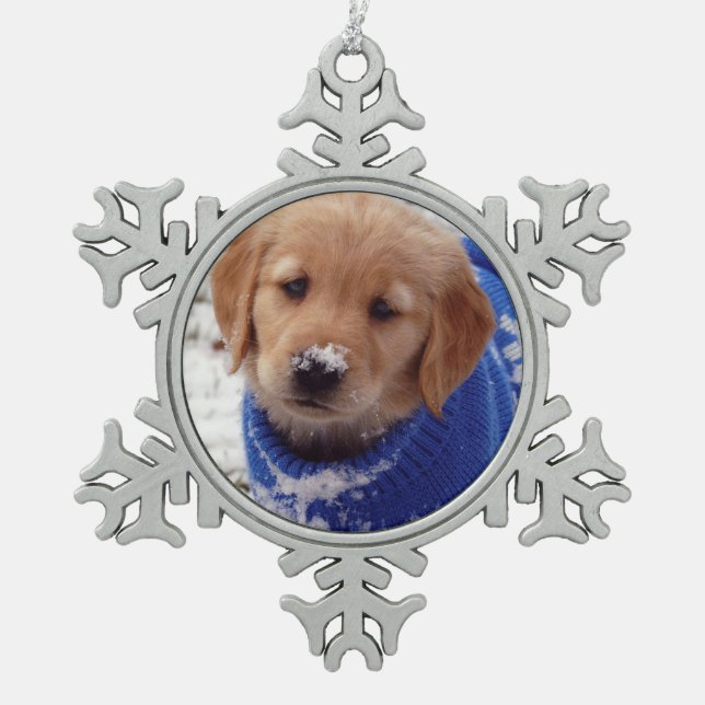 Golden Retriever Puppy Snowflake Pewter Christmas Ornament (Front)