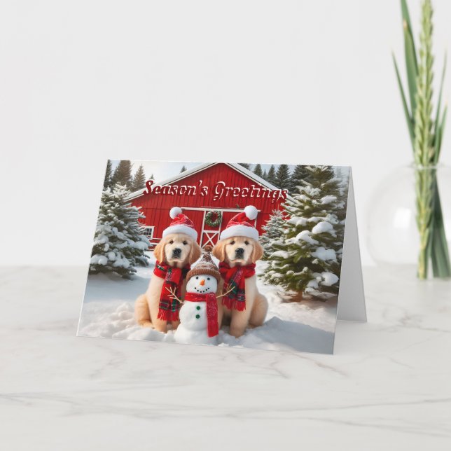 Golden Retriever Puppy Snowman Christmas Card (Front)