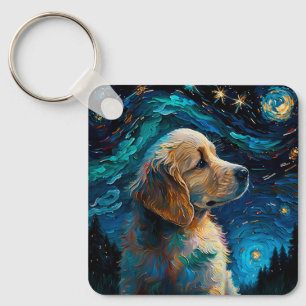 Golden Retriever Puppy Starry Night Van Gogh Style Key Ring