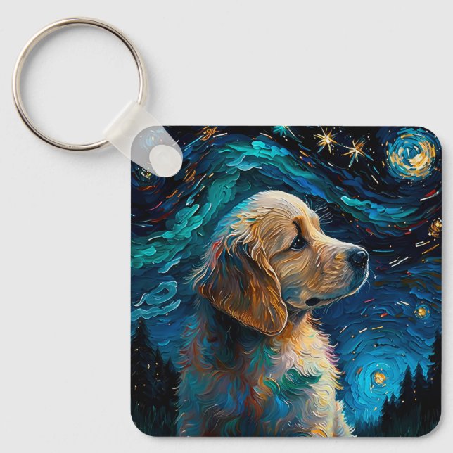 Golden Retriever Puppy Starry Night Van Gogh Style Key Ring (Front)