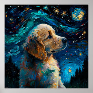 Golden Retriever Puppy Starry Night Van Gogh Style Poster