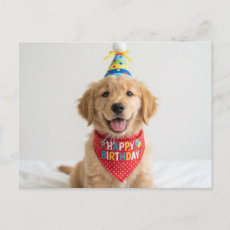 Golden retriever puppy wishing happy birthday postcard