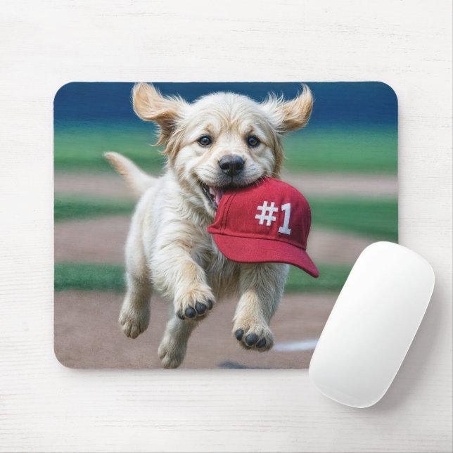 Golden Retriever Puppy With #1 Red Baseball Cap Mouse Pad (With Mouse)
