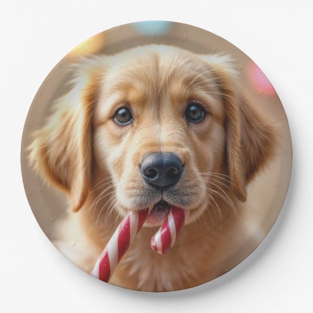 Golden Retriever Puppy With a Candy Cane Paper Plate (Front)