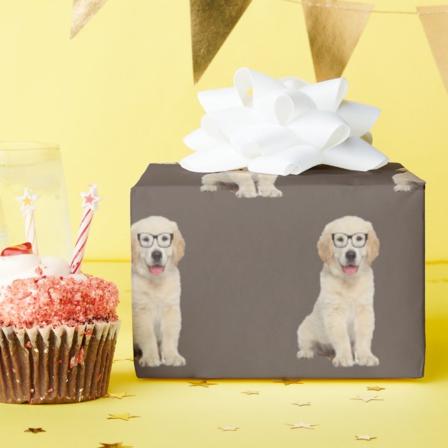 Golden Retriever Puppy With Glasses Wrapping Paper (Birthday Party)