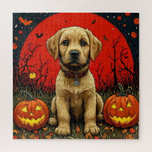 Golden Retriever Puppy With Halloween Pumpkins Jigsaw Puzzle