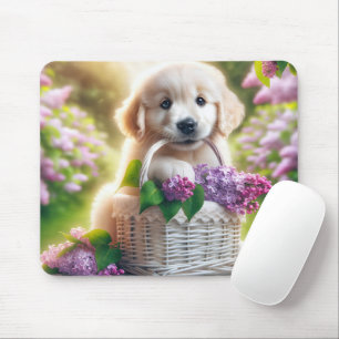 Golden Retriever Puppy With Lilac Basket Mouse Pad