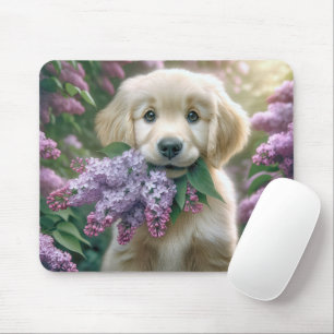 Golden Retriever Puppy With Lilac Bunch Mouse Pad