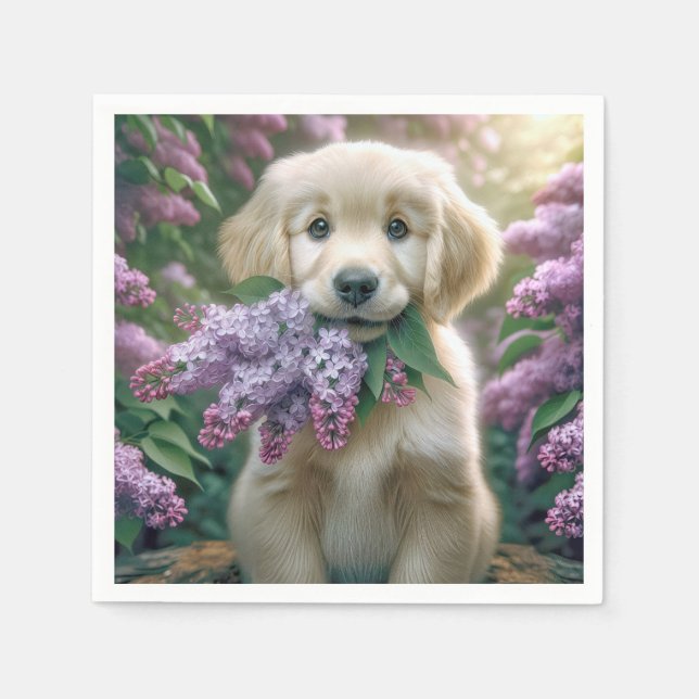 Golden Retriever Puppy With Lilacs Napkin (Front)