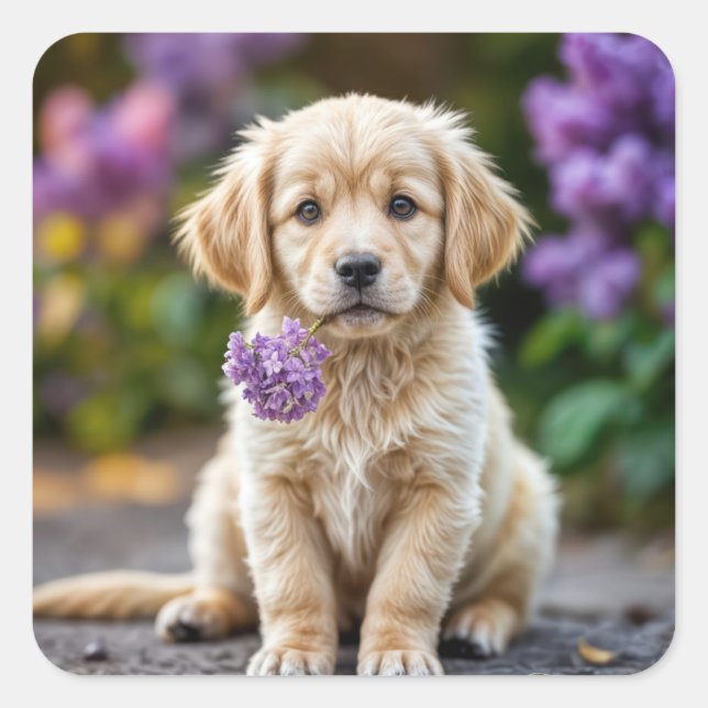 Golden Retriever Puppy With Lilacs Square Sticker (Front)