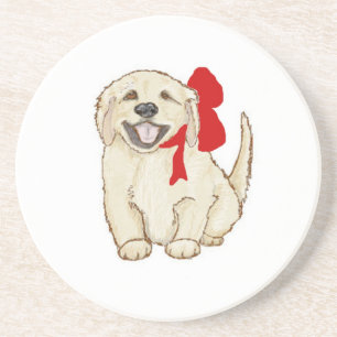 Golden Retriever Puppy with Red Ribbon Coaster