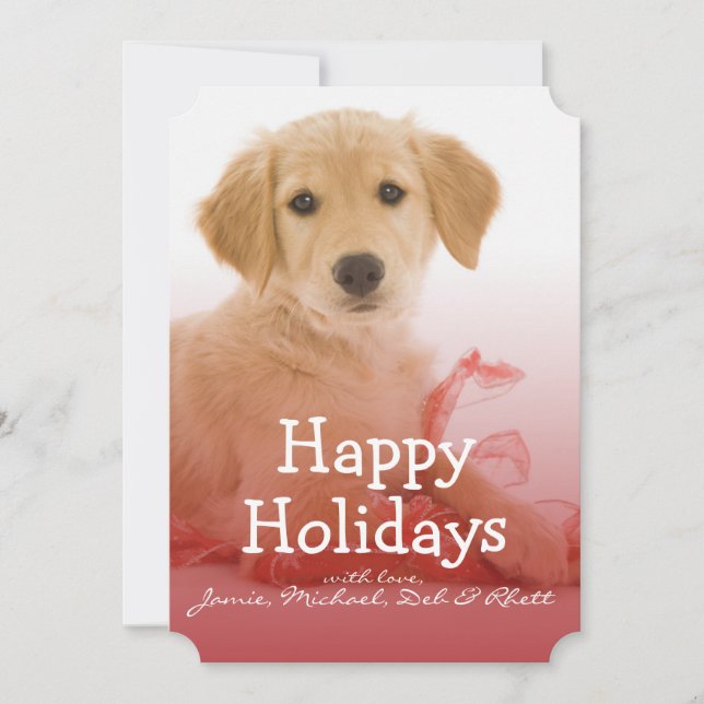 Golden Retriever puppy with ribbon Holiday Card (Front)