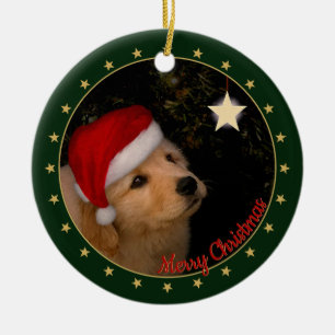 Golden Retriever Puppy with Santa Hat Ceramic Ornament