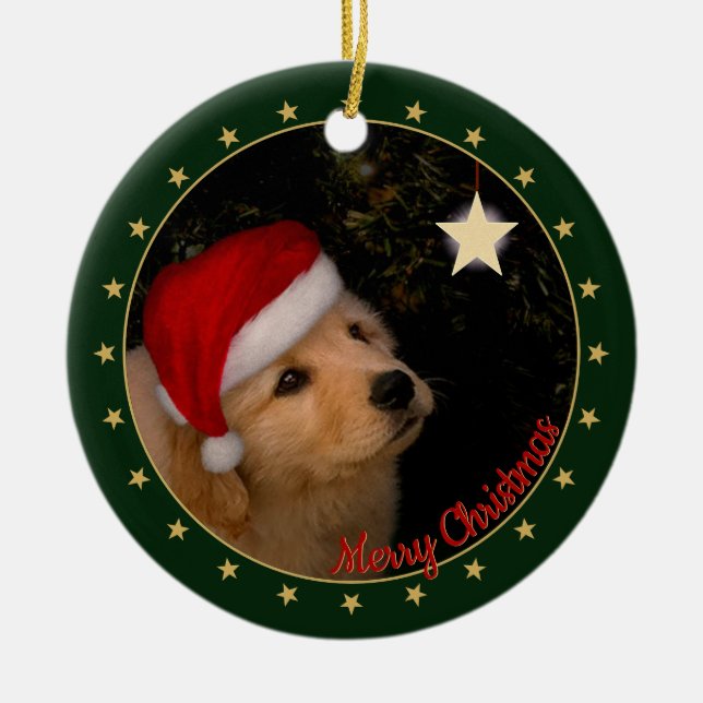 Golden Retriever Puppy with Santa Hat Ceramic Ornament (Front)