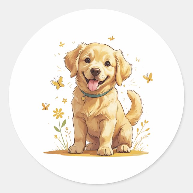 Golden Retriever Puppy with Yellow Flowers Classic Round Sticker (Front)