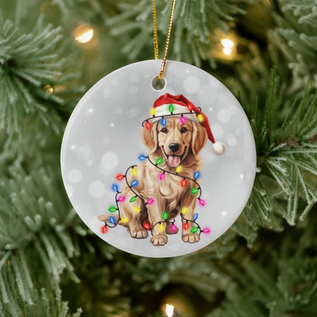 Golden Retriever Puppy Wrapped in Christmas Lights Ceramic Ornament (Tree)