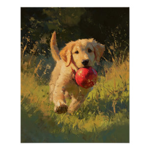 Golden Retriever Red Ball Field Play Art Poster
