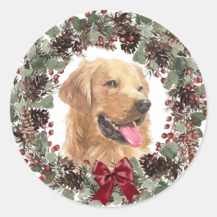 Golden Retriever Red Bow Pinecone Wreath Christmas Classic Round Sticker
