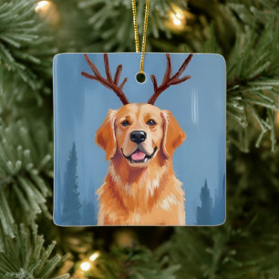 Golden Retriever Reindeer Antlers   Christmas Ceramic Ornament