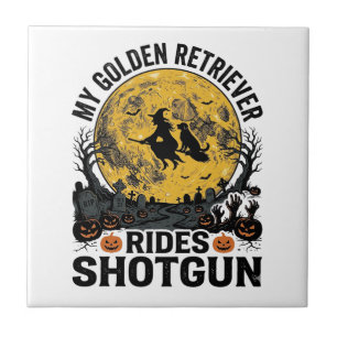 Golden Retriever Rides Shotgun Halloween Witch Art Ceramic Tile