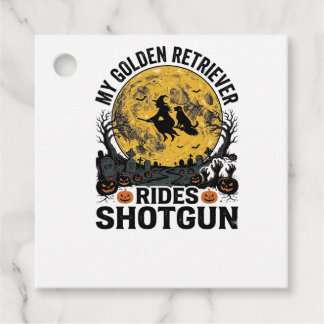 Golden Retriever Rides Shotgun Halloween Witch Art Favour Tags