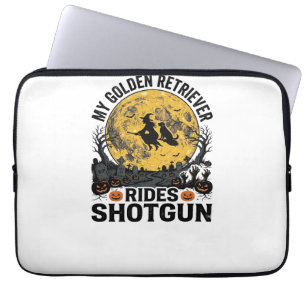 Golden Retriever Rides Shotgun Halloween Witch Art Laptop Sleeve
