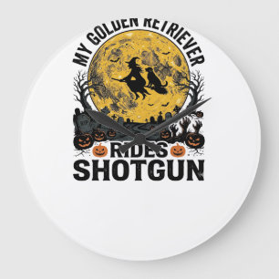 Golden Retriever Rides Shotgun Halloween Witch Art Large Clock