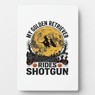 Golden Retriever Rides Shotgun Halloween Witch Art Plaque