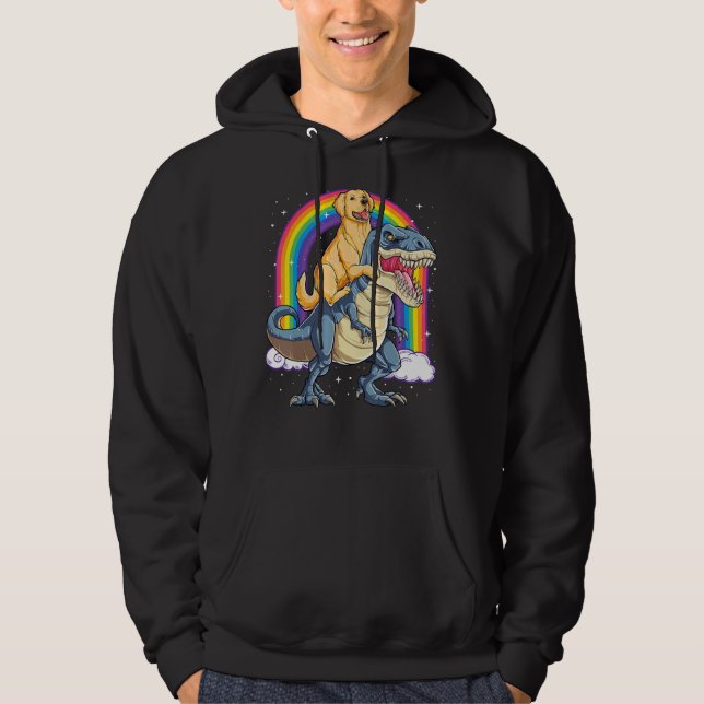 Golden Retriever Riding Dinosaur Rex Boys Rainbow Hoodie (Front)