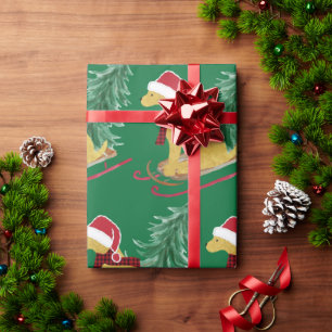 Golden Retriever Riding Xmas Tree Sled Green Wrapping Paper
