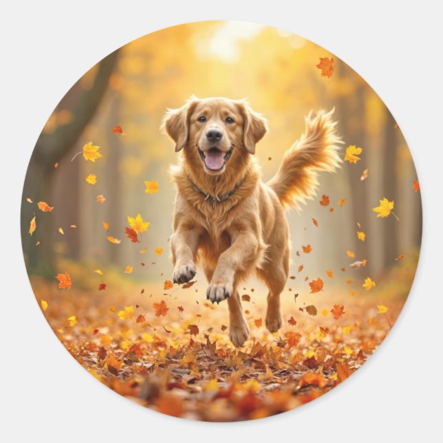 Golden Retriever Running In Autumn Woods Classic Round Sticker (Front)