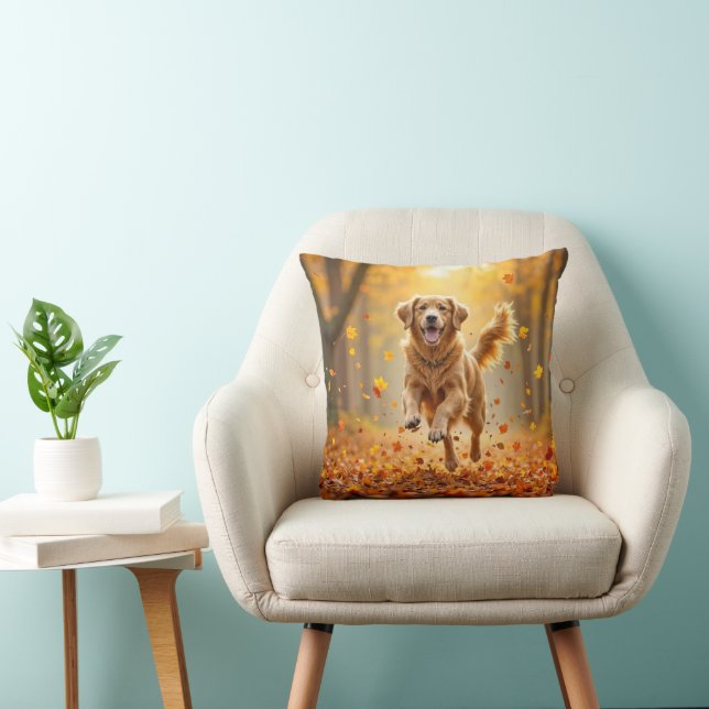 Golden Retriever Running In Autumn Woods Cushion (Chair)