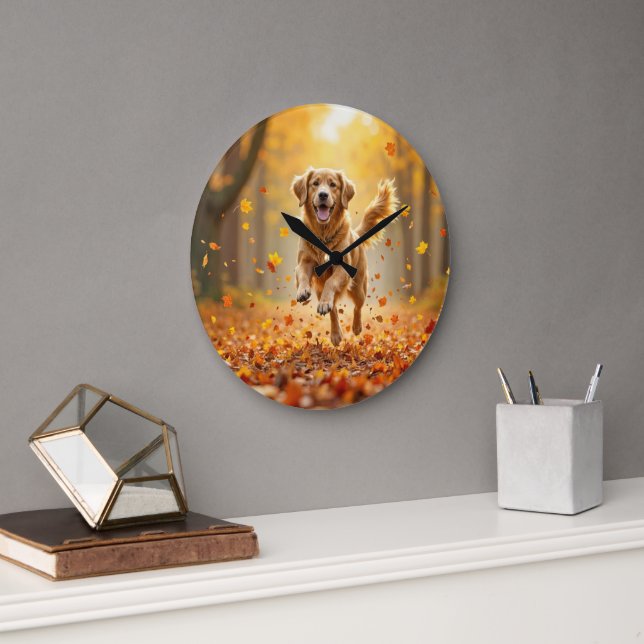 Golden Retriever Running In Autumn Woods Large Clock (Office)