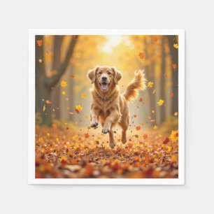 Golden Retriever Running In Autumn Woods Napkin