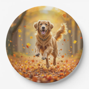 Golden Retriever Running In Autumn Woods Paper Plate