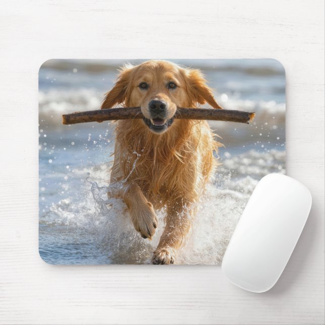 Golden Retriever Running with a Beach Stick Mouse Pad (With Mouse)