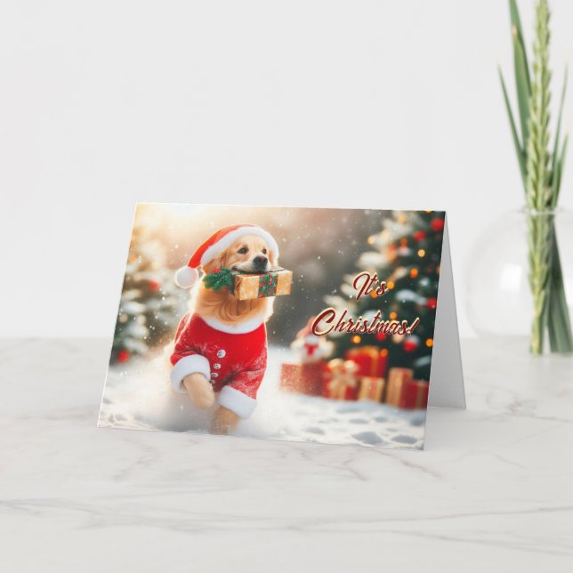 Golden Retriever Runs with a Gift Christmas Card (Front)