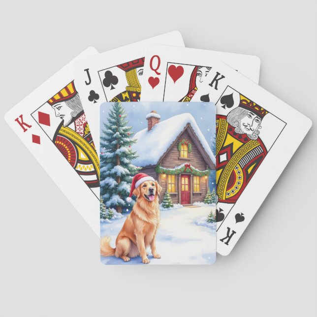 Golden Retriever Rustic Cabin Santa Hat Christmas Playing Cards (Back)