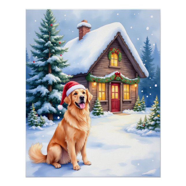 Golden Retriever Rustic Cabin Santa Hat Christmas Poster (Front)