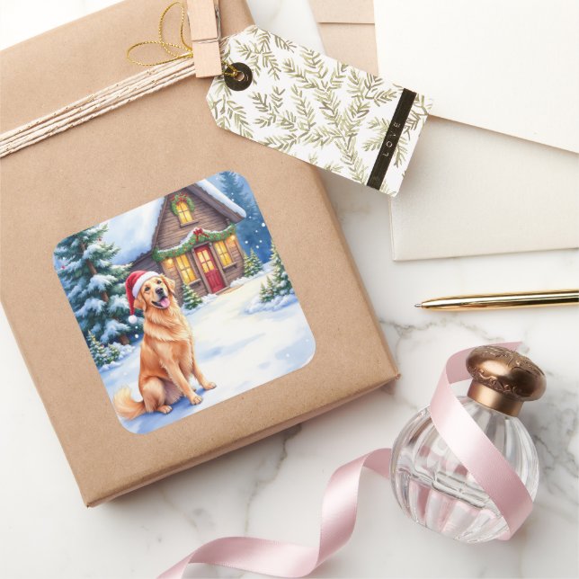 Golden Retriever Rustic Cabin Santa Hat Christmas Square Sticker (Gifting)