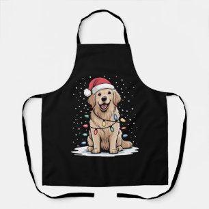 Golden Retriever Santa Christmas Tree Lights Xmas Apron