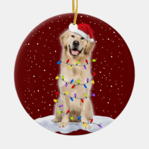Golden retriever Santa Christmas Tree Lights Xmas Ceramic Ornament