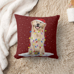 Golden retriever Santa Christmas Tree Lights Xmas Cushion