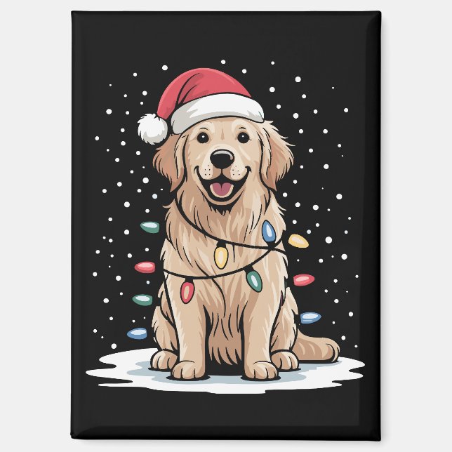 Golden Retriever Santa Christmas Tree Lights Xmas Magnet (Front)