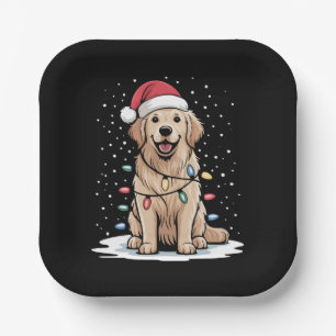 Golden Retriever Santa Christmas Tree Lights Xmas Paper Plate