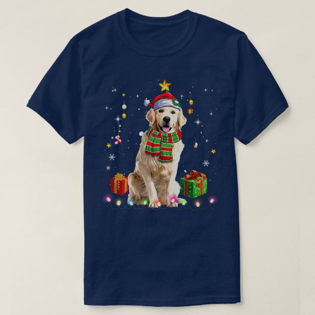 Golden Retriever Santa Christmas Tree Lights Xmas  T-Shirt (Design Front)